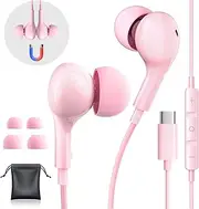 USB C Headphones Wired Earbuds for iPhone 15 Pro/iPad Pro/iPad Air, with HiFi Mic Volume Control Type C Earphones for Samsung Galaxy S24/S23/S22 Ultra, Noise Cancelling for iPhone 15 Headphones, Pink