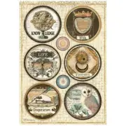 Stamperia A4 RICE PAPER - ALCHEMY - ROUNDS, Knowledge, Wish, Mystery, Decoupage