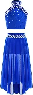 [Fldy] Girls Dance Costume Halter Neck Ballet Dance Outfit Sparkly Rhinestones Vest with Side Slit Mesh Skirt