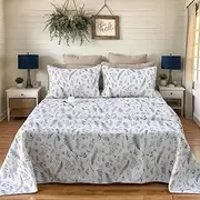 [Usfivefam] Floral Sheet Set Queen, 4Pcs Blue Flower Leaves Printed Sheet Botanical Luxury Garden Style Pattern Sheets with 17.5" Deep Pocket, Vintage Shabby Soft Toile Sheet for Girls Bedding