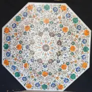 Octagon Marble Dining Table Top Antique Pattern Inlay Work Patio Center Table