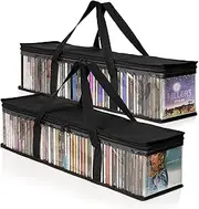 Besti CD Storage Bags - 2-Pack Clear Plastic Holder Case for Music Disc - Sturdy Stitched, Strong Handle, Fits 96 Albums & Movies - Portable Carrying Organizer for Travel, Underbed, Or Cabinet (Black)