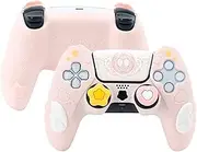 GeekShare PS5 Controller Skin Set,Anti-Slip Silicone Protective Cover Skin for PS5 Wireless Controller, with 2 Thumb Grip Caps and 2 Stickers -Star Wings (Pink)