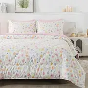 [Wajade] Floral Comforter Set Bed in A Bag Twin Size 7 Piece Pink Botanical Flower and Green Leaves Bedding Set for Teens Boys (1 Comforter, 1 Flat Sheet, 1 Fitted Sheet, 2 Pillowcase and 2 Pillow Sham)
