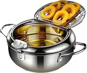 Deep Fryer Pot, Stainless Steel Fryer Pot, Stainless Steel Tempura Frying Pot with Lid, Thermometer and Oil Drip Drainer Rack, Kitchen Frying Pot for French Fries, Chicken (24cm)