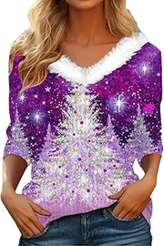[Generic] Pajamas Shirts for Women Plus Size Christmas Printed Long Sleeve V Neck Pullover Hair Collar Women's T Shirt Women Dressy Blouses