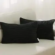 Corduroy Throw Pillow Covers Plush Velvet Oblong Lumbar Pillow Case Cushion Cover for Sofa 2 Pack, 30cm x 50cm, Black