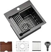 15 Inch Black Drop In Kitchen Bar Sink Workstation-Bokaiya 15x15 Matte Black Stainless Steel Bar Sink Outdoor Rv Sink 16 Gauge Topmount Single Bowl Wet Bar Sink with Cutting Board