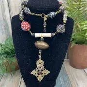 Adorned Crown tribal cross wire wrapped ethnic bead necklace