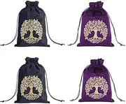 CREATCABIN 4 Packs Tarot Storage Bag Thick Velvet Packing Pouches Tree of Life Symbol Drawstring Bag Black Protective Card Board Game Embroidery for Tarot Dice Card Jewelry Crystal Pouch 7x5.1 Inch