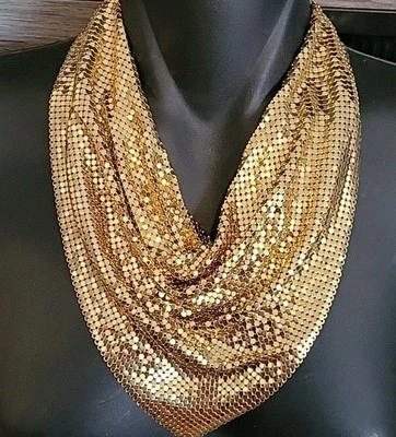 Vintage 70’s WHITING & DAVIS Gold Mesh Bib Necklace Scarf Bandana Necklace