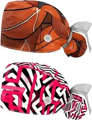 [YTYVAGT] 2-Pc,Nurse Scrub Caps,Scrub Hats with Buttons and Cotton Sweatband,Basketball