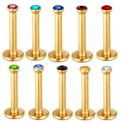 2pc Gem Steel Labret Ring Gold Bar Monroe Lip Ear Stud Internal Thread Piercing
