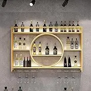 Modern Wall Mounted Bar Unit, Floating Shelf, Glass Rack, Iron Display Stand, Hanging Wine Organizer for Home Bar and Dining Room Decoration (Gold)