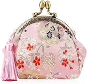 [Oyachic] Embroider Coin Purse Vintage Wallets Canvas Change Pouch Floral Trinkets Small Kiss Lock Clasp Handbag Jewelry Bag Tassels Women, Pink, Coin Purse