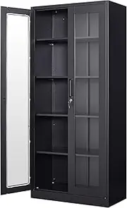 PEUKC Display Storage Cabinet with Glass Door, 71 Inches Curio Cabinet with 4 Adjustable Shelves, Locking Glass Display Case for Home, Office, Clinic, Pantry, Assemble Required (Black)