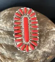 Red Coral Needle Point Zuni Sterling Silver Cluster Ring Size 10 14572