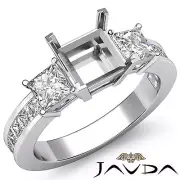 3 Stone Princess Semi Mount Natural Diamond Wedding Ring 14k White Gold 1.1Ctw