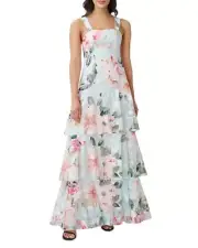 $600 AIDAN MATTOX FLORAL PRINT EMBROIDERED LONG A-LINE GOWN BLUE MULTI SZ 0 PROM