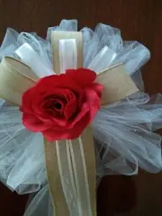 6 PC burlap wedding pew bows white with red rose with burlap or any color