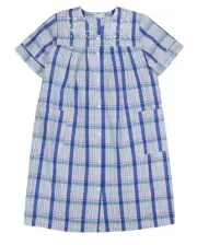 Miss Elaine Snap-Front Floral Embroidery Texture Plaid Women's Nightgown M NWT