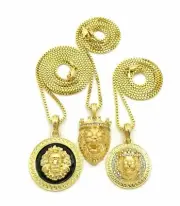 ICED GOLD PT CZ STONE KING LION 3 PENDANTS & BOX CHAINS HIP HOP NECKLACE SET