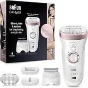 Braun Silk-épil 9 Women's Epilator for Hair Removal, Shaving and Trimmer Attachment, Micro Grip Tweezers Technology, High Frequency Massage Attachment, Wireless Wet&Dry Epilation, 9-725, White/Rose Gold