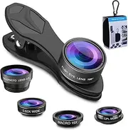 5 in 1 Phone Camera Lens Kit -0.63X Wide Angle Lens & 15X Macro Lens+190°Fisheye Lens/CPL + 2X Telephoto Lens Compatible with iPhone Samsung Sony and Most of Smartphone