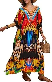 [L-Peach] Women Boho Long Maxi Kaftan Roomy Loungewear Oversized Beach Dress Cover Ups Robes