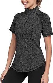 [DUVOWE] Sports Shirt Women's Short Sleeve Functional T-Shirt Women's Sports Tops Gym Workout Tops Running Shirt Fitness Short Sleeve with 1/4 Zip, Black, 3XL