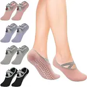 4 Pairs Yoga Pilates Socks with Adjustable Straps,H HOME-MART Non-Slip Grip Socks for Women's Secure Comfortable Fitness Workouts