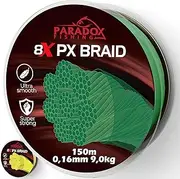 Paradox Fishing 8 x PX Braided Fishing Line, Green, 150 m, 0.16 mm, 9.0 kg, Braided Fishing Line, Tight Braided