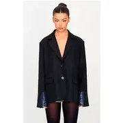 Black Sequin Sleeve Detail Structured Blazer, Black