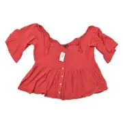 Torrid Red Rayon Blouse Size 2 Plus NWT - Midi Cold Shoulder 3/4 Sleeve