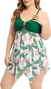 [JadeRich] Women Plus Size Tankini Bathing Suit 2-Piece Swimwear Floral Mesh Swimdress with High Waist Boy Shorts