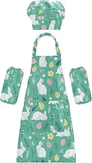 AIXIWAWA Kids Apron Chef Hat Set, Child Kitchen Bib Aprons Adjustable for Cooking Baking Painting (Cute White Rabbits)
