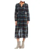 Pendleton Long Sleeve Button Front Plaid Tie Waist Midi Dress SZ XL