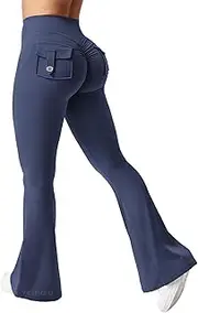 [YEOREO] CoreFlex Flare Leggings with Pockets for Women 31.5" Scrunch Workout Leggings Butt Lifting Gym Yoga Pants Navy Blue