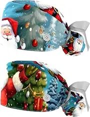 [YTYVAGT] 2-Pc,Nurse Scrub Caps,Scrub Hats with Buttons and Cotton Sweatband,Christmas Tree Snowmen Santa Claus