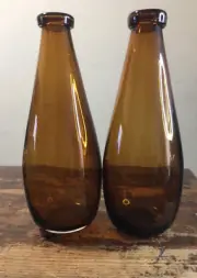 SET OF 2 LARGE & TALL BOTTLES STURDY DEEP AMBER GLASS HAND BLOWN DEMIJOHN