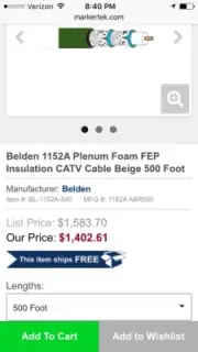 500' Belden 1152A A8R (BGESNO) 18 AWG Beige TC Braid Shield RG-6/U Coaxial Cable