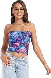 [RPLIFE] Neon Coral Reefs Jellyfish Tube Top Strapless Top, Sheer Tube Tops, Trendy Crop Tops (S)