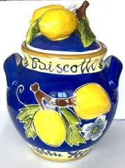 Lemon Ceramic Cookie Jar Blue Sky Clayworks 10x8” w/lid Biscotti