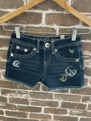 NWT JUSTICE GIRLS 7 REG DENIM SHORTS PEACE SIGNS SEQUINS DARK DENIM