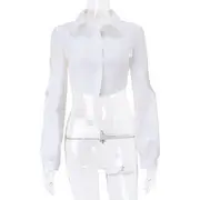 Puff-Sleeve Plain Cutout Crop Shirt White - M