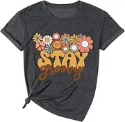 [COLORFUL BLING] Retro Stay Groovy Shirt Womens Floral Hippie 70s Disco Outfits Casual Short Sleeve Tee Tops