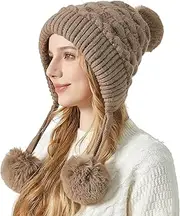 [Huakunda] Women's Warm Fleece Lined Winter Hat with Bobble Knitted Hats Windproof Soft Ski Beanie Hat