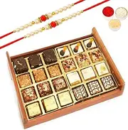 Ghasitaram Gifts Rakhi Gifts for Brothers Rakhi Sweets - Wooden Chocolate Dryfruit Sweets and Assorted Bites Serving Tray with 2 Beads Rakhi