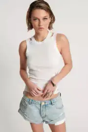 NEW OneTeaspoon ONE TEASPOON Womens OTS Cut Through Fine Ribbed Tank Top - White