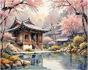 Oriental Garden Paint by Numbers Kit for Adults - DIY Cherry Blossom Pavilion by Pond Painting on Canvas 16x20 Inches, Acrylic Paint Set, Suitable for Beginners,Art for Home Decoration/Gifts